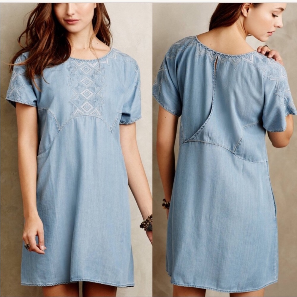 Holding Horses Anthropologie chambray embroidered dress S